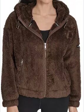 Calvin Klein Women's Performance Oversized Hooded Sherpa Jacket in Brown Cork